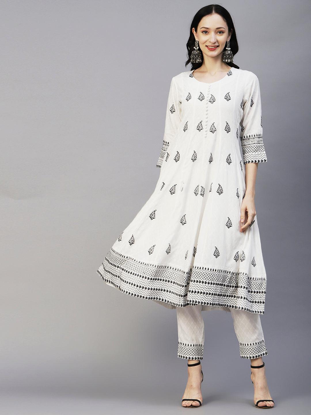 Geometric Printed Resham Embroidered Anarkali Kurta With Pants & Hand Painted Dupatta - White - Indiakreations