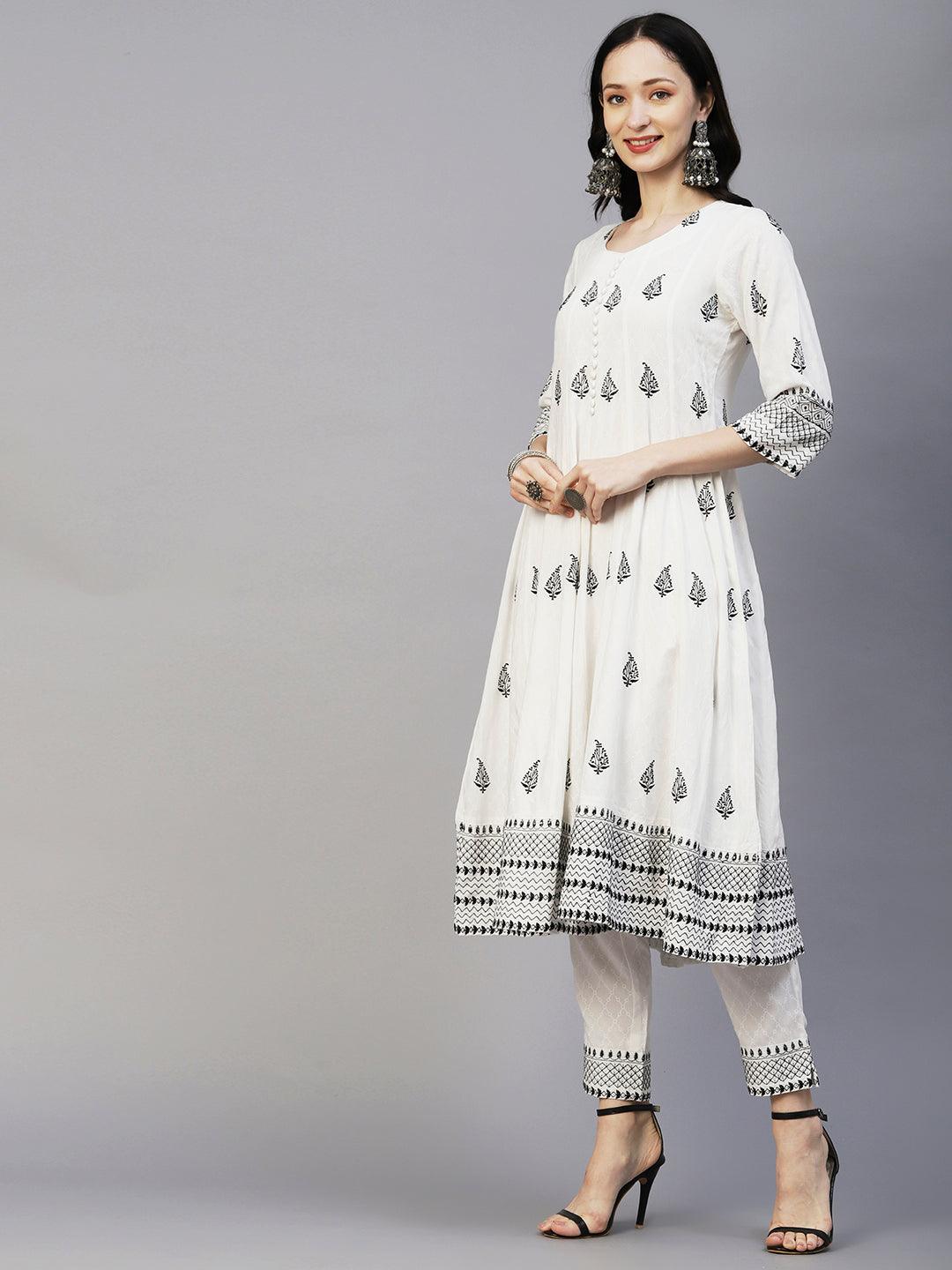 Geometric Printed Resham Embroidered Anarkali Kurta With Pants & Hand Painted Dupatta - White - Indiakreations