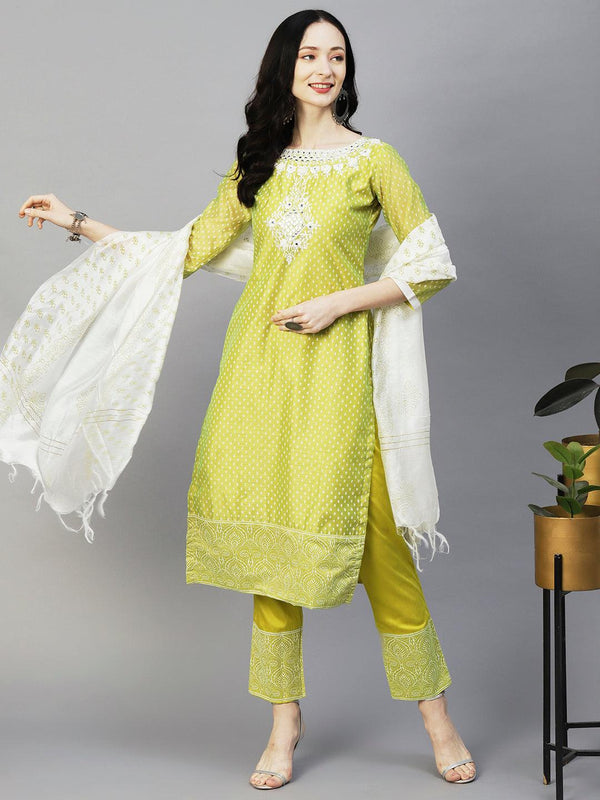 Ethnic Block Printed Mirror & Resham Embroidered Kurta With Pants & Dupatta - Lime Green - Indiakreations