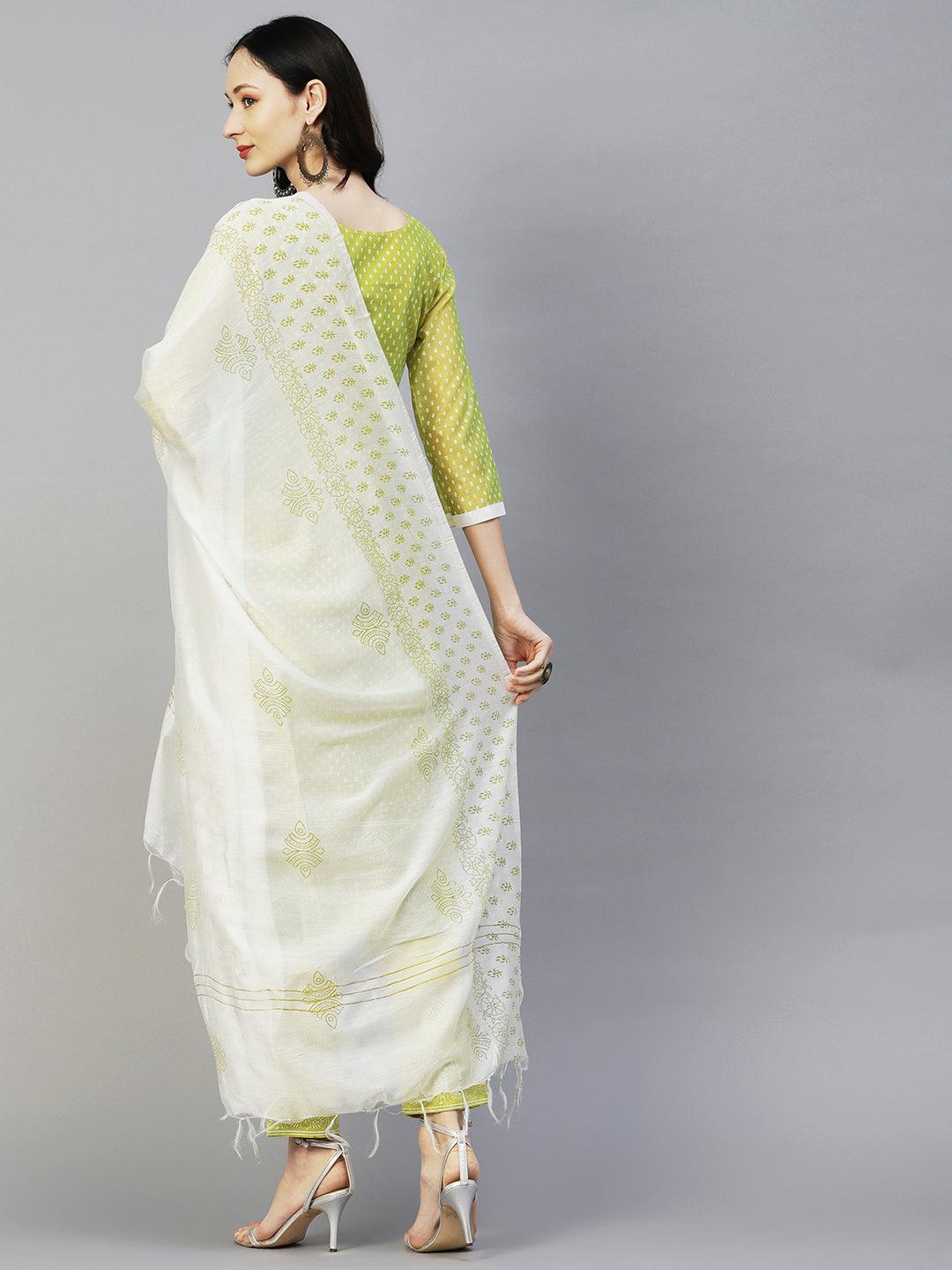 Ethnic Block Printed Mirror & Resham Embroidered Kurta With Pants & Dupatta - Lime Green - Indiakreations