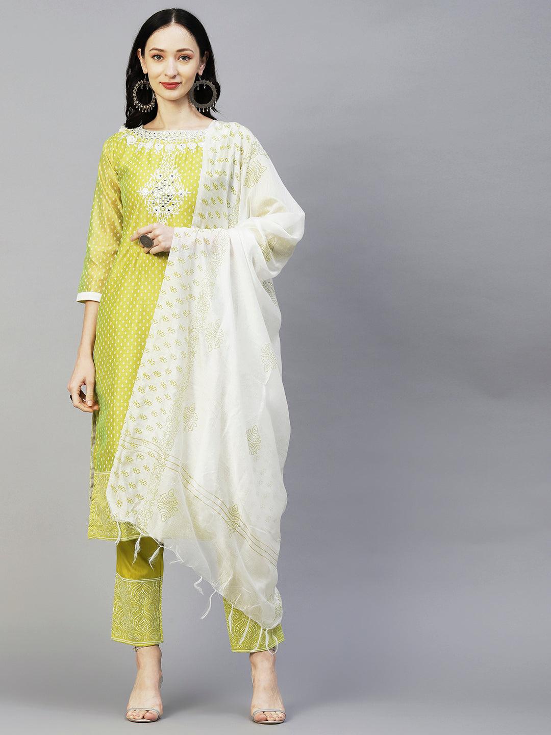 Ethnic Block Printed Mirror & Resham Embroidered Kurta With Pants & Dupatta - Lime Green - Indiakreations