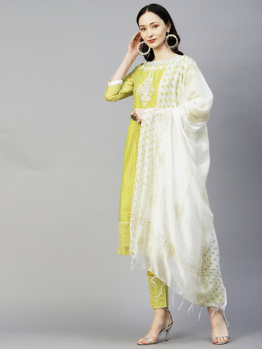 Ethnic Block Printed Mirror & Resham Embroidered Kurta With Pants & Dupatta - Lime Green - Indiakreations