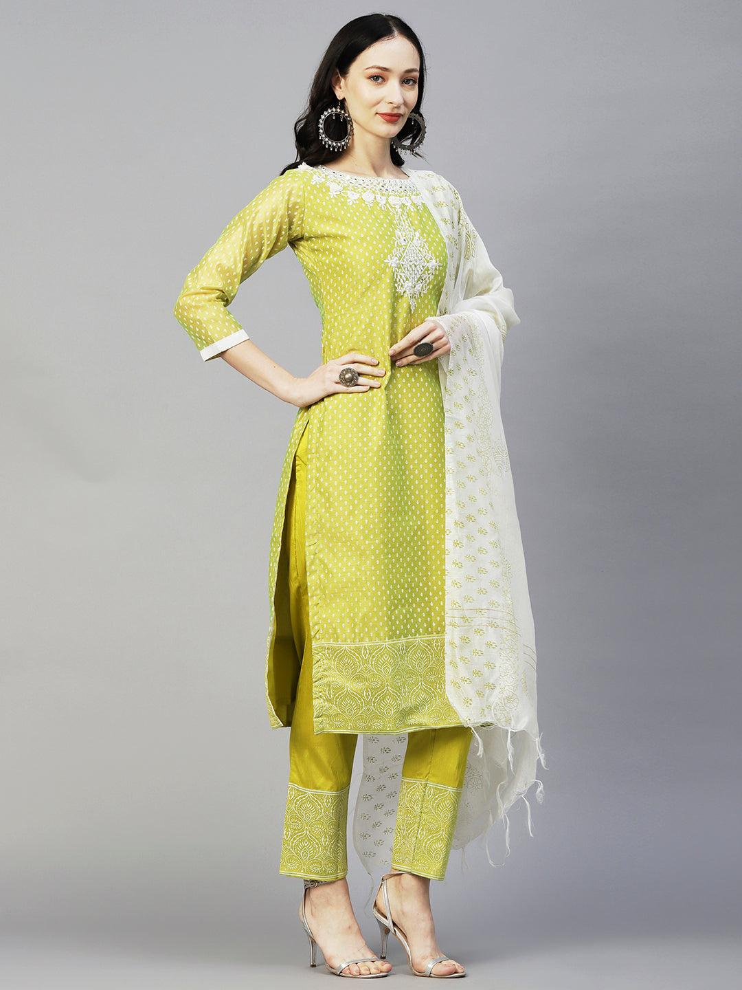 Ethnic Block Printed Mirror & Resham Embroidered Kurta With Pants & Dupatta - Lime Green - Indiakreations