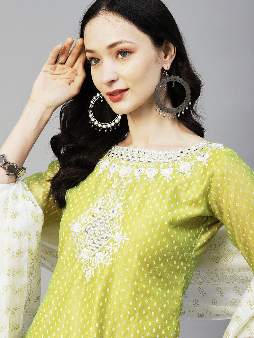 Ethnic Block Printed Mirror & Resham Embroidered Kurta With Pants & Dupatta - Lime Green - Indiakreations