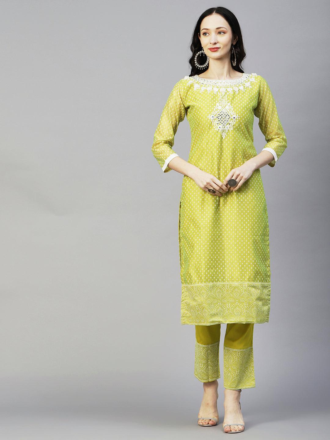 Ethnic Block Printed Mirror & Resham Embroidered Kurta With Pants & Dupatta - Lime Green - Indiakreations