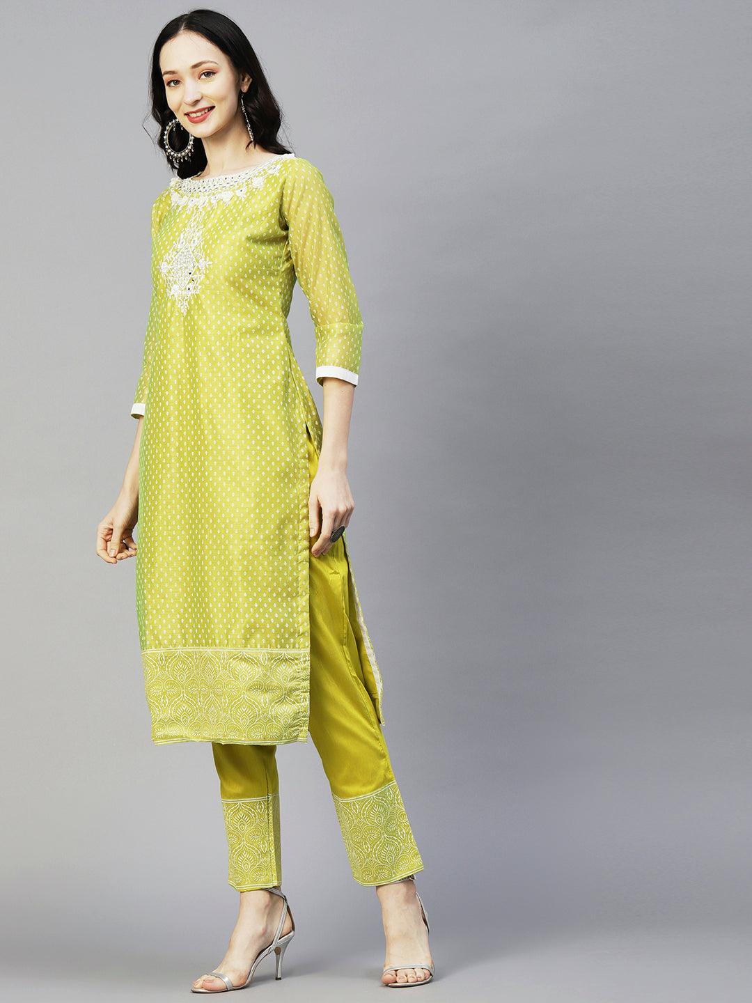 Ethnic Block Printed Mirror & Resham Embroidered Kurta With Pants & Dupatta - Lime Green - Indiakreations