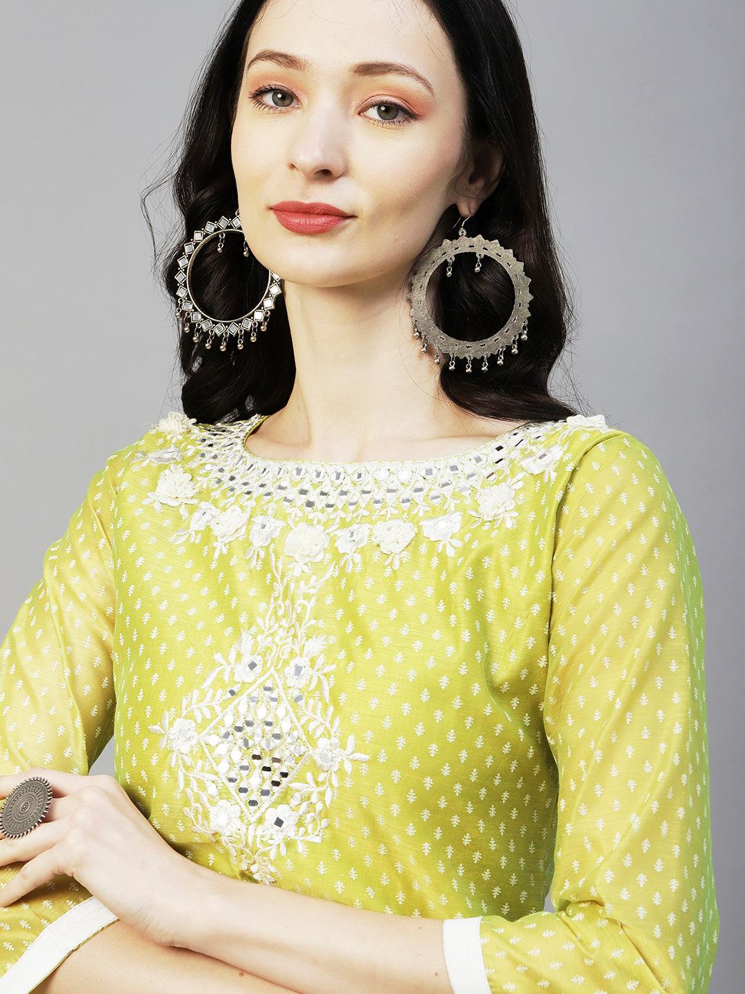 Ethnic Block Printed Mirror & Resham Embroidered Kurta With Pants & Dupatta - Lime Green - Indiakreations