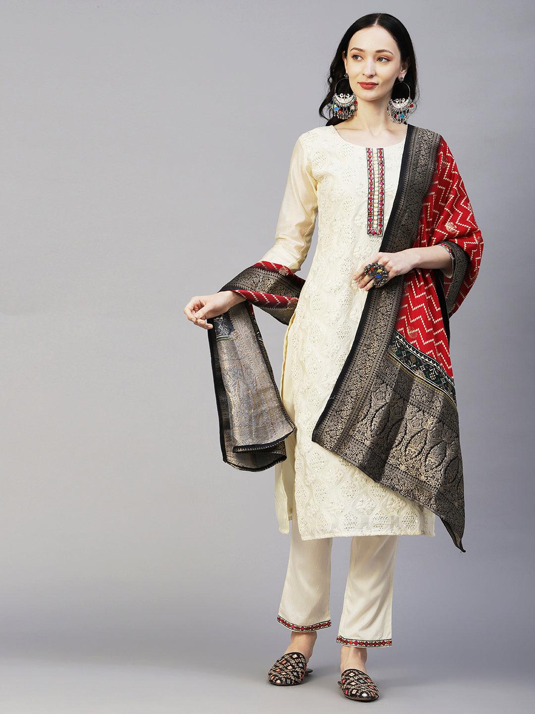 Solid Chikankari & Sequins Embroidered Kurta With Pants & Chevron Jacquard Zari Dupatta - Off-White - Indiakreations