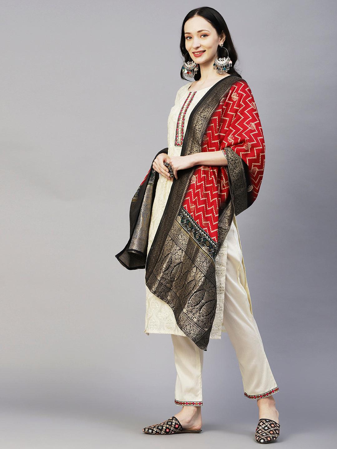 Solid Chikankari & Sequins Embroidered Kurta With Pants & Chevron Jacquard Zari Dupatta - Off-White - Indiakreations