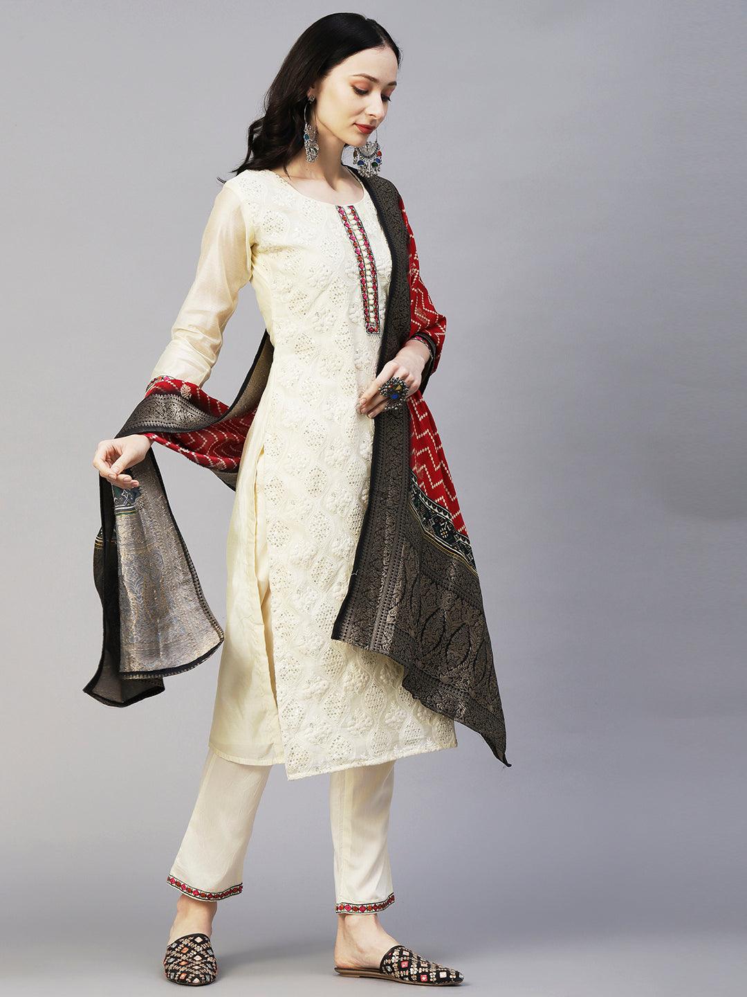 Solid Chikankari & Sequins Embroidered Kurta With Pants & Chevron Jacquard Zari Dupatta - Off-White - Indiakreations