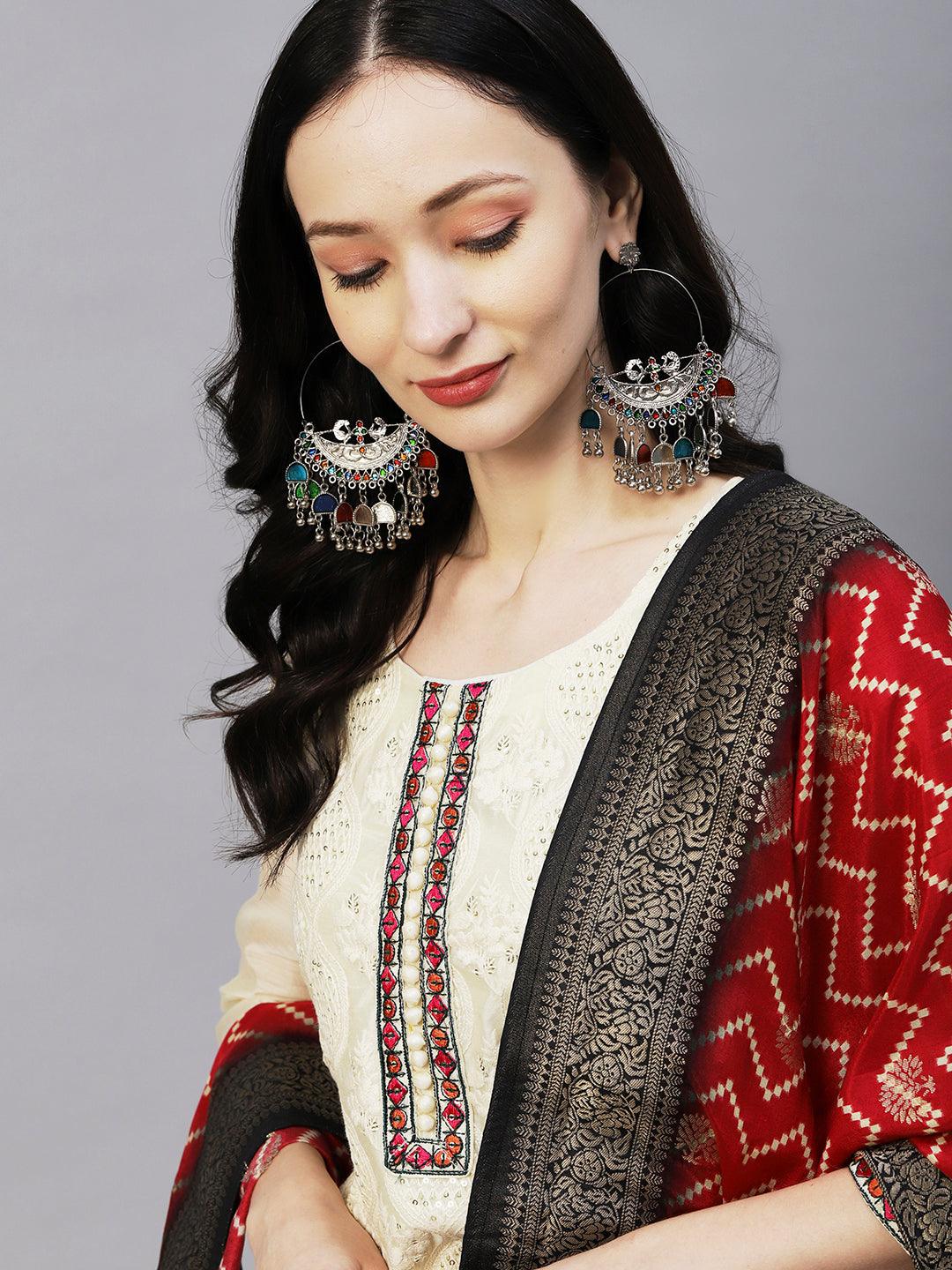 Solid Chikankari & Sequins Embroidered Kurta With Pants & Chevron Jacquard Zari Dupatta - Off-White - Indiakreations