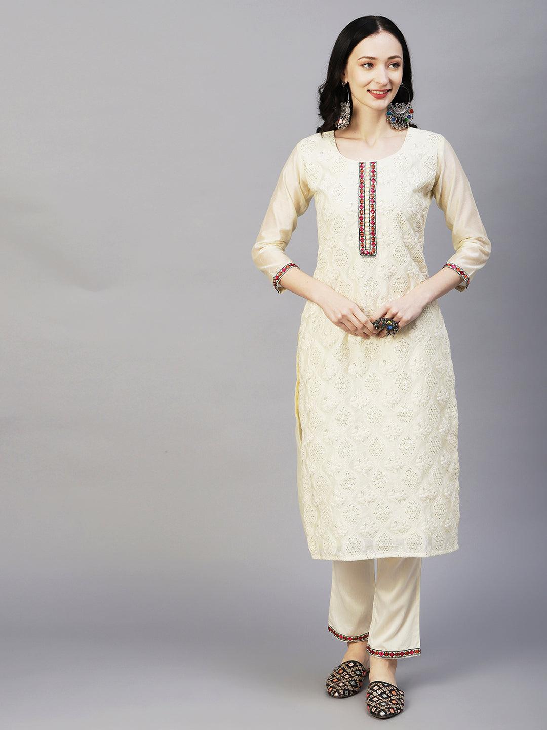 Solid Chikankari & Sequins Embroidered Kurta With Pants & Chevron Jacquard Zari Dupatta - Off-White - Indiakreations