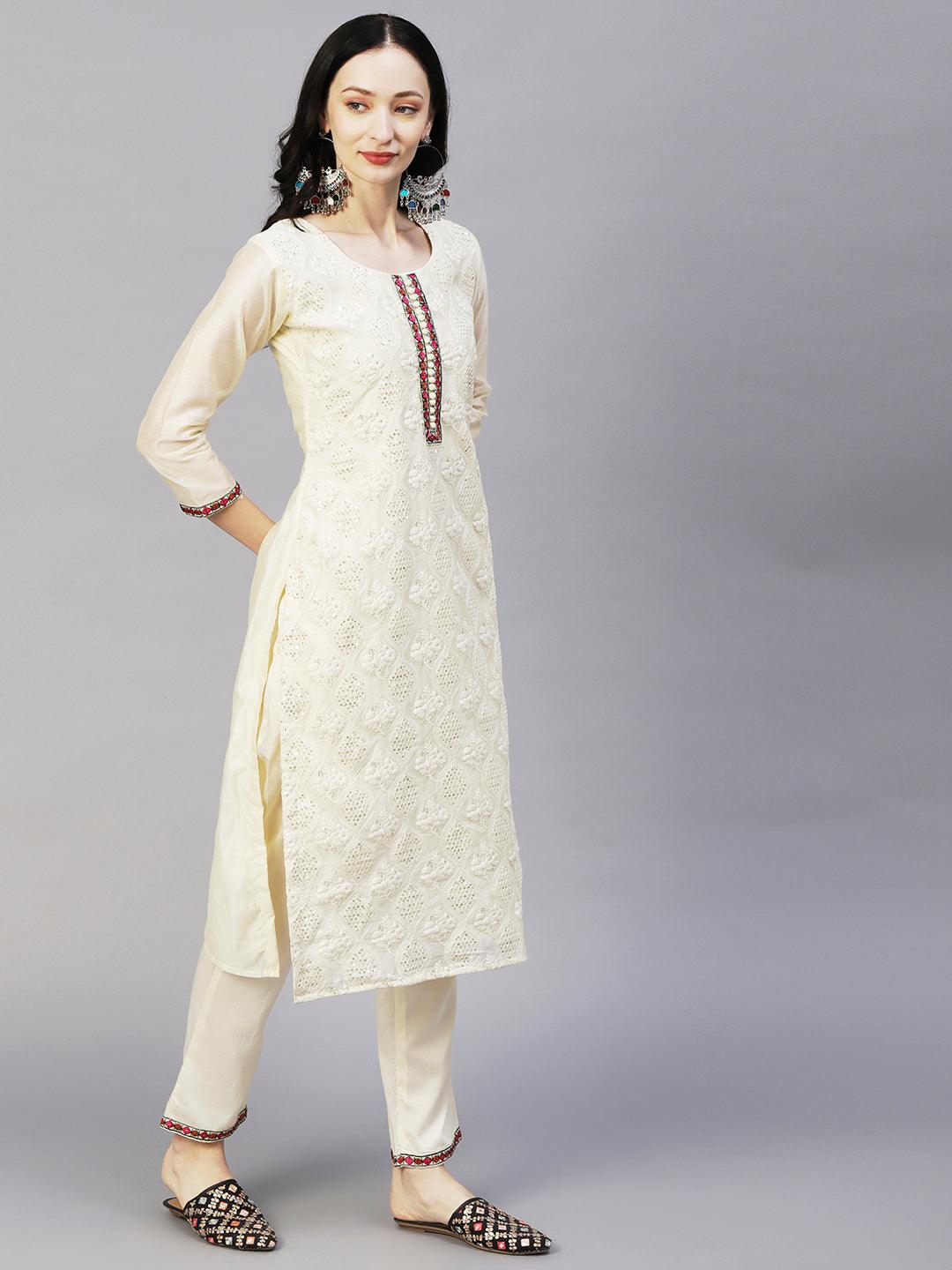 Solid Chikankari & Sequins Embroidered Kurta With Pants & Chevron Jacquard Zari Dupatta - Off-White - Indiakreations