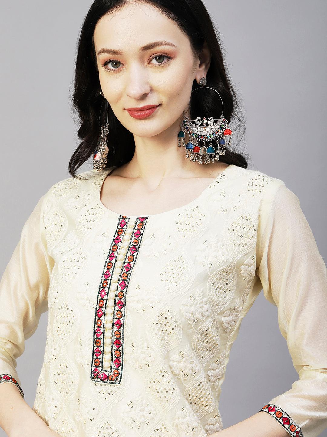 Solid Chikankari & Sequins Embroidered Kurta With Pants & Chevron Jacquard Zari Dupatta - Off-White - Indiakreations