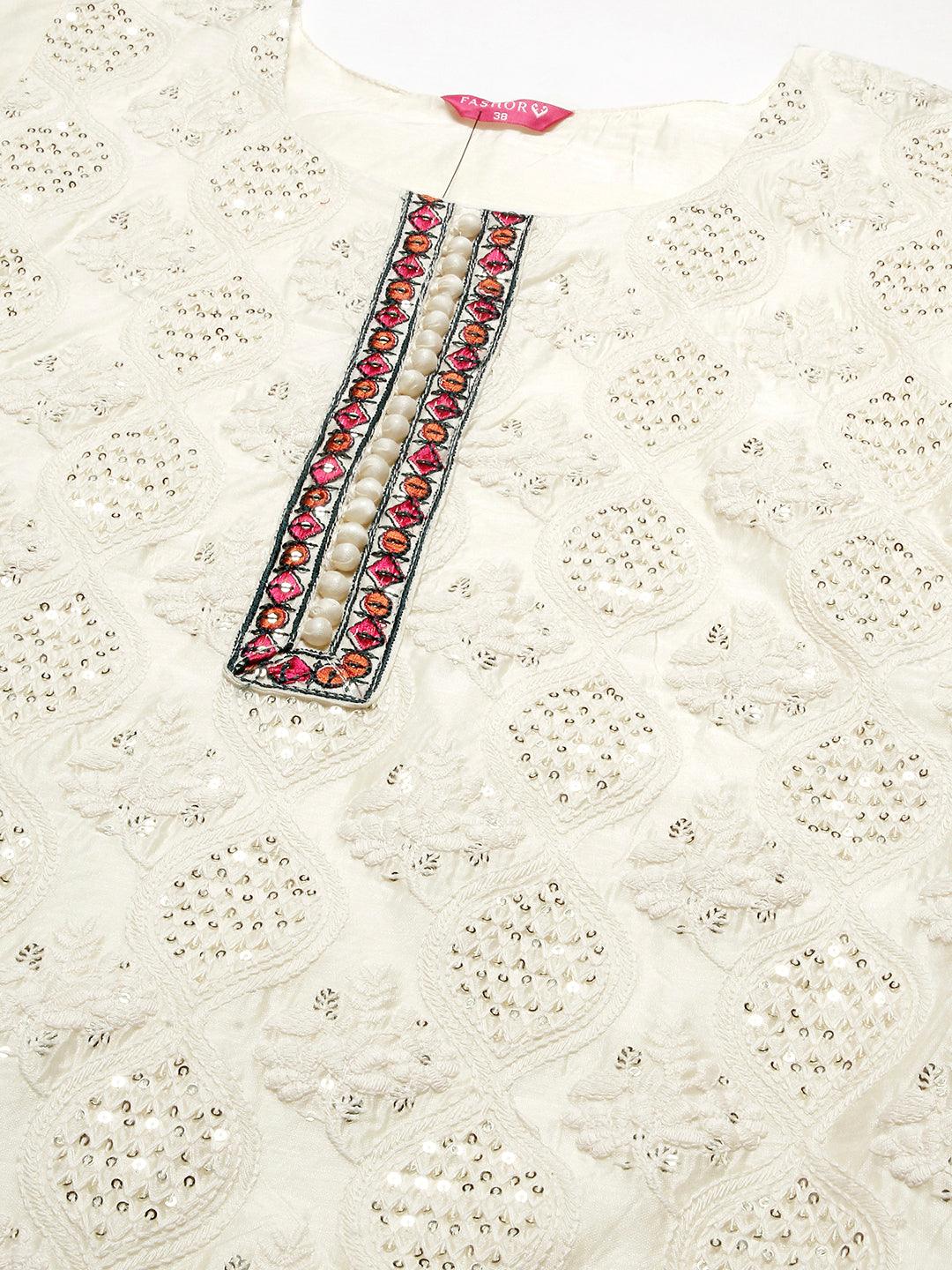 Solid Chikankari & Sequins Embroidered Kurta With Pants & Chevron Jacquard Zari Dupatta - Off-White - Indiakreations