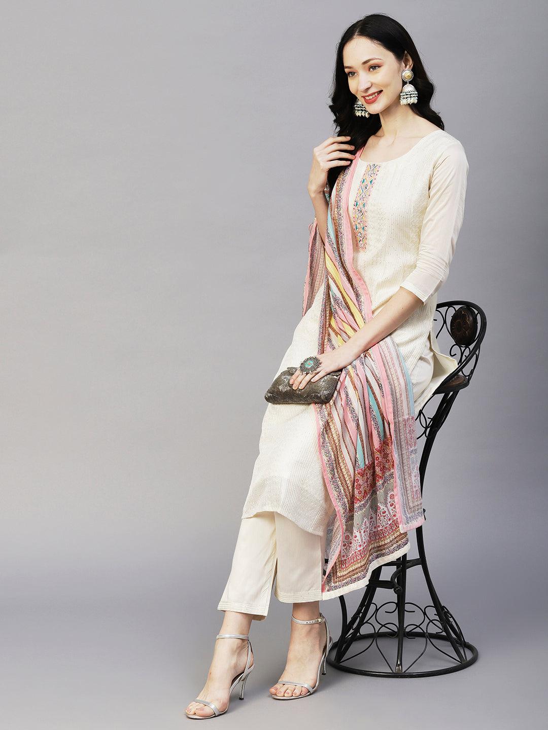 Sequins & Resham Striped Mirror Embroidered Kurta With Pants & Printed Dupatta - Off-White - Indiakreations