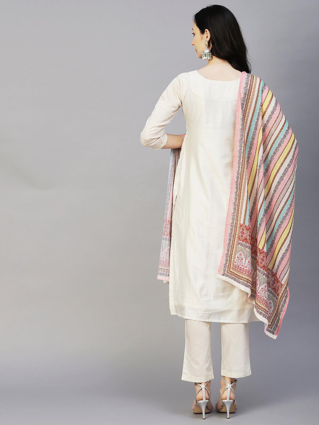 Sequins & Resham Striped Mirror Embroidered Kurta With Pants & Printed Dupatta - Off-White - Indiakreations