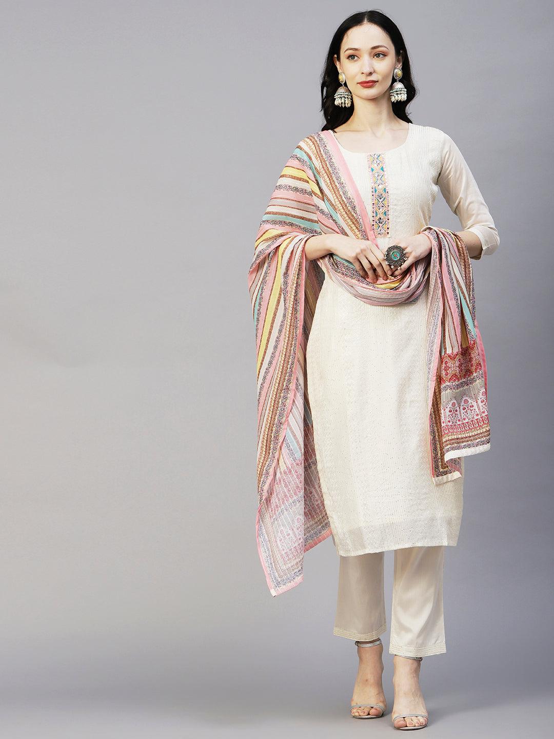 Sequins & Resham Striped Mirror Embroidered Kurta With Pants & Printed Dupatta - Off-White - Indiakreations