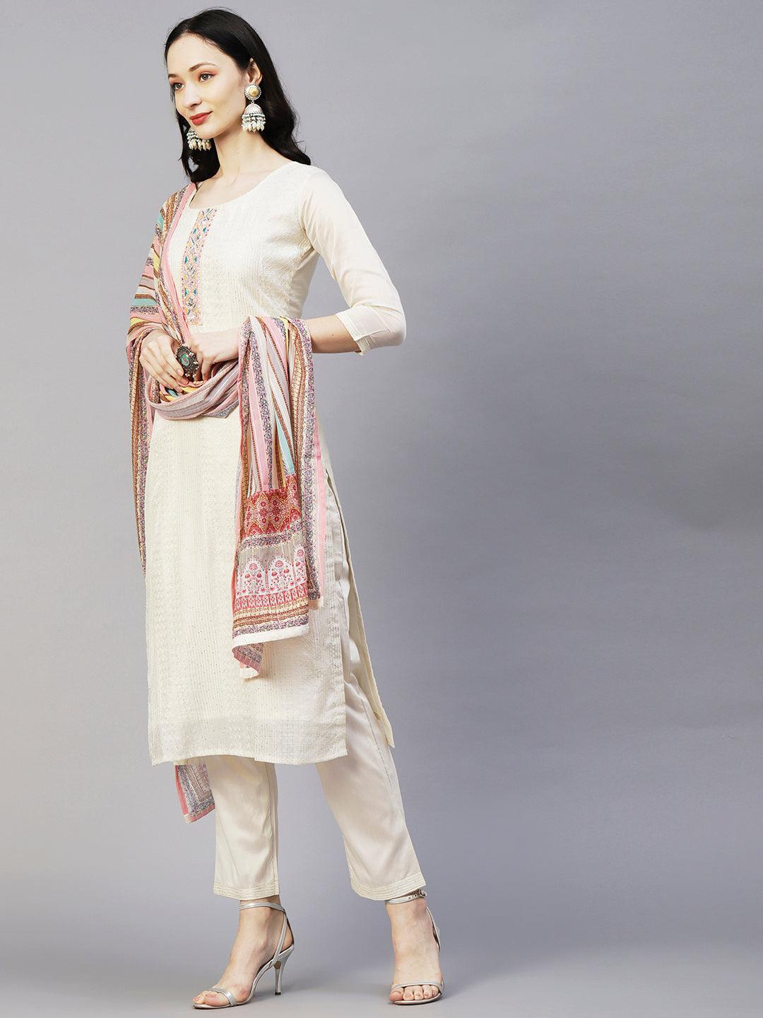 Sequins & Resham Striped Mirror Embroidered Kurta With Pants & Printed Dupatta - Off-White - Indiakreations