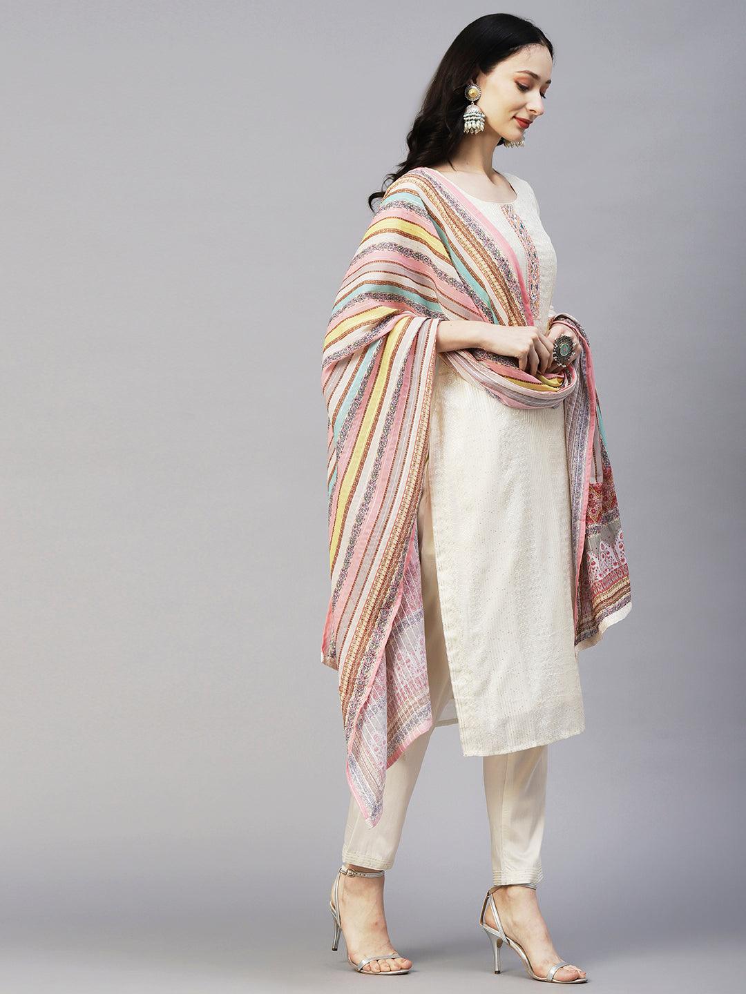 Sequins & Resham Striped Mirror Embroidered Kurta With Pants & Printed Dupatta - Off-White - Indiakreations