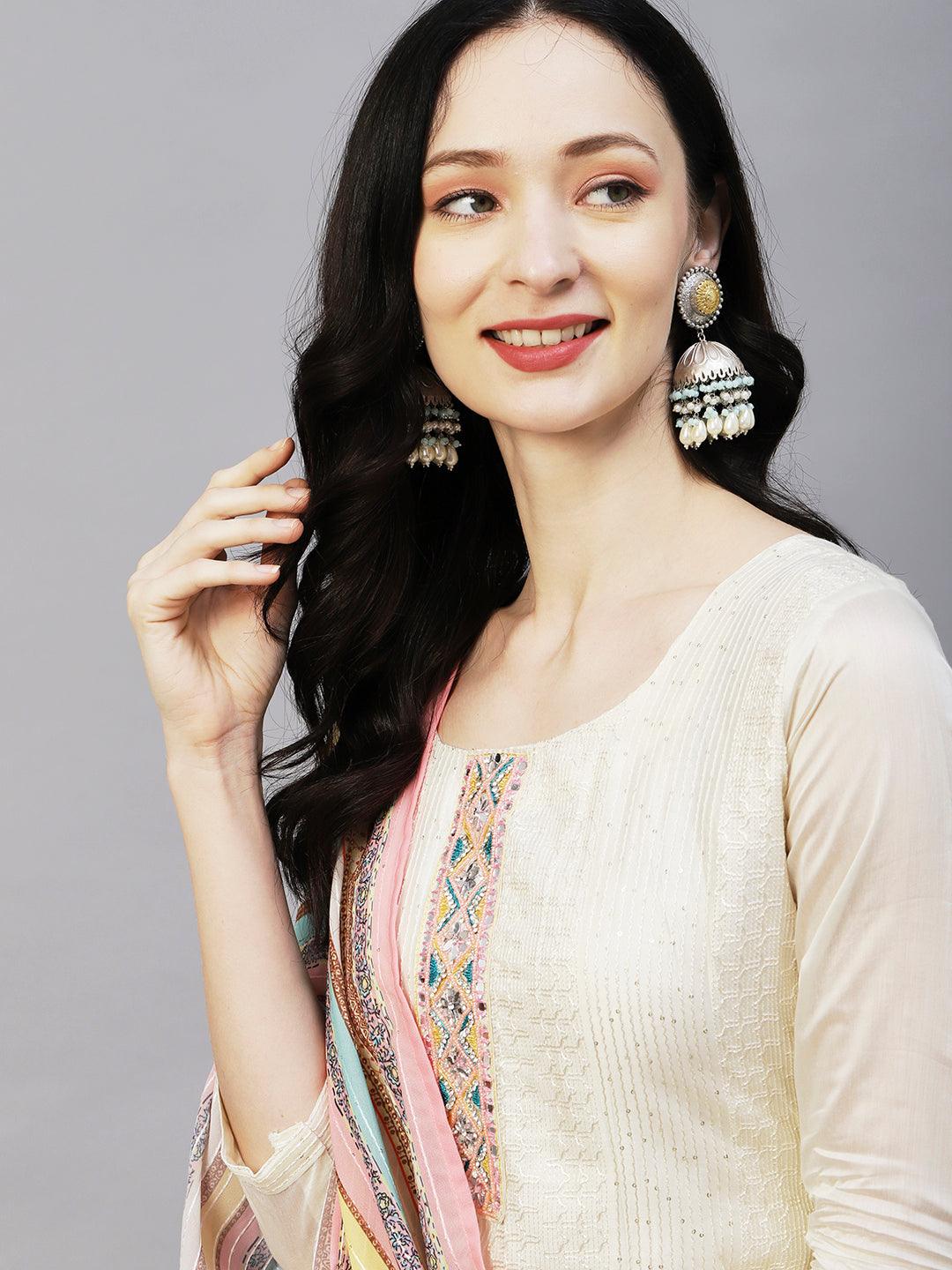 Sequins & Resham Striped Mirror Embroidered Kurta With Pants & Printed Dupatta - Off-White - Indiakreations