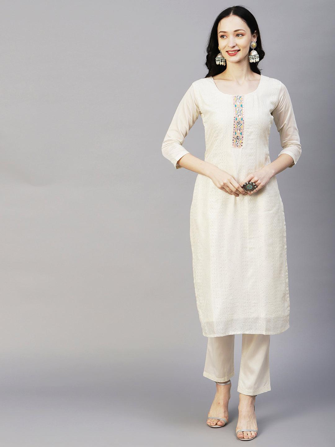 Sequins & Resham Striped Mirror Embroidered Kurta With Pants & Printed Dupatta - Off-White - Indiakreations