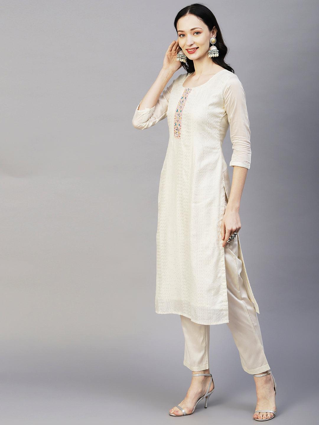 Sequins & Resham Striped Mirror Embroidered Kurta With Pants & Printed Dupatta - Off-White - Indiakreations