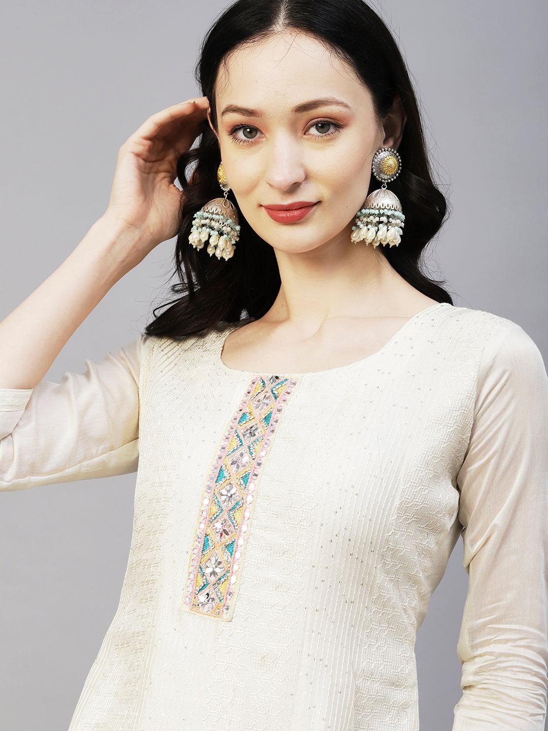 Sequins & Resham Striped Mirror Embroidered Kurta With Pants & Printed Dupatta - Off-White - Indiakreations