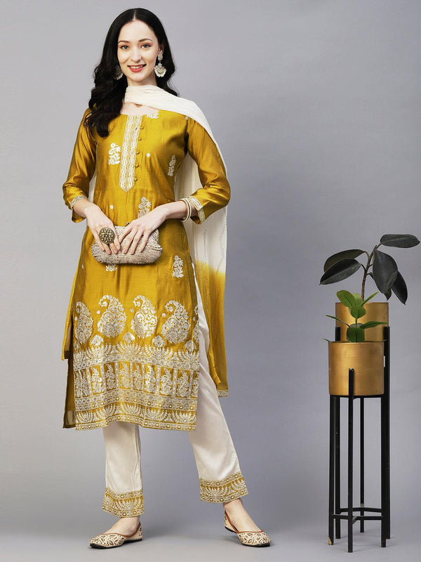 Floral Block & Foil Printed Kurta With Pants & Sequined Ombre Dupatta - Mustard - Indiakreations