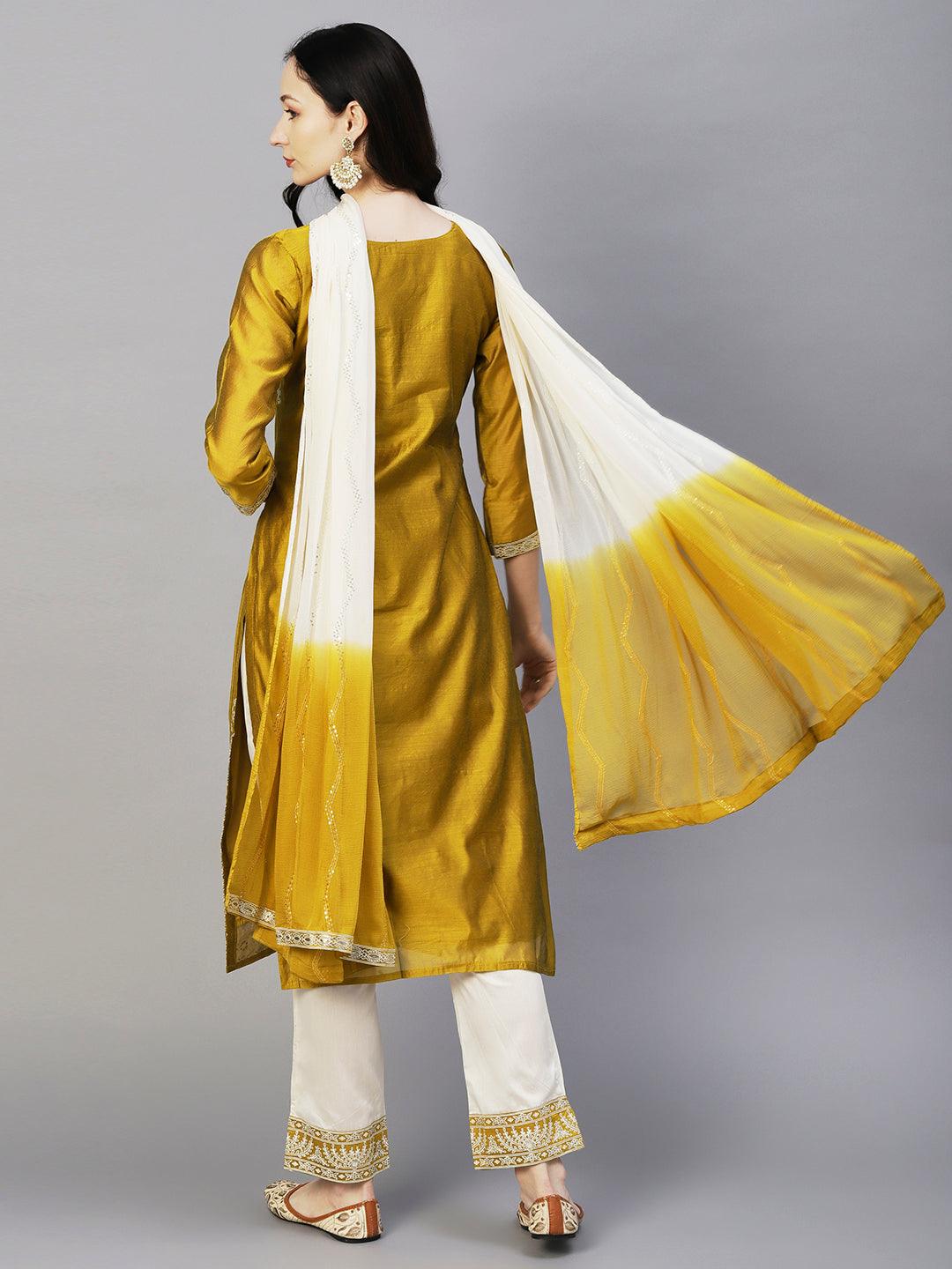 Floral Block & Foil Printed Kurta With Pants & Sequined Ombre Dupatta - Mustard - Indiakreations