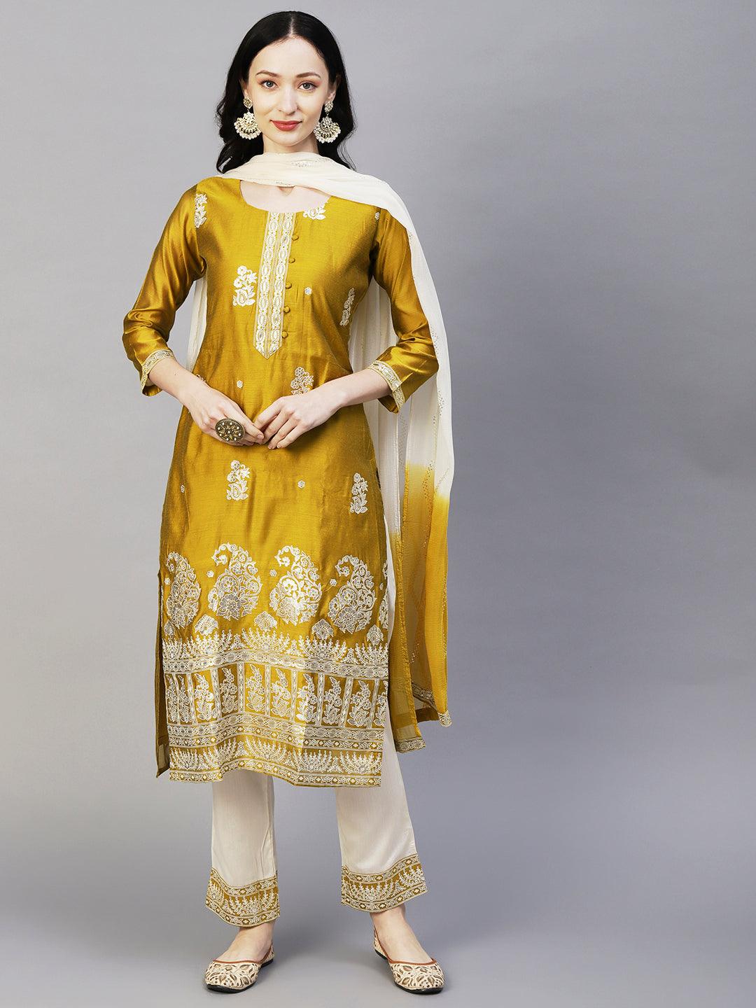 Floral Block & Foil Printed Kurta With Pants & Sequined Ombre Dupatta - Mustard - Indiakreations