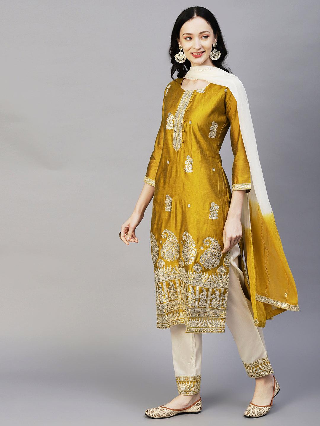 Floral Block & Foil Printed Kurta With Pants & Sequined Ombre Dupatta - Mustard - Indiakreations