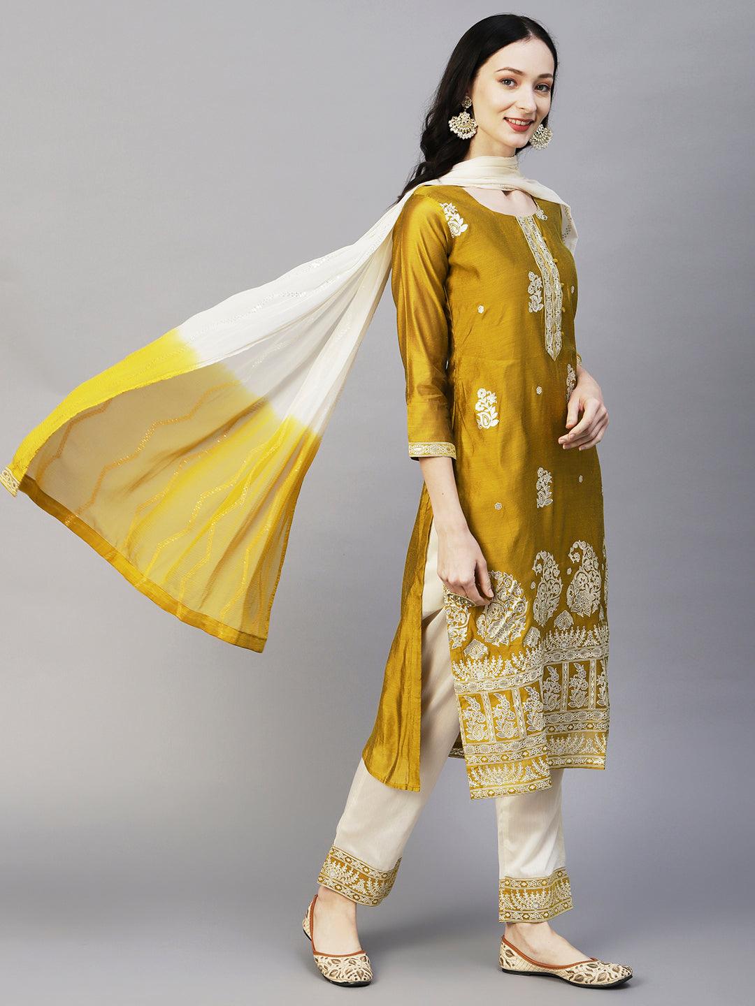 Floral Block & Foil Printed Kurta With Pants & Sequined Ombre Dupatta - Mustard - Indiakreations