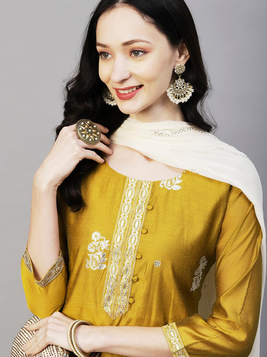 Floral Block & Foil Printed Kurta With Pants & Sequined Ombre Dupatta - Mustard - Indiakreations