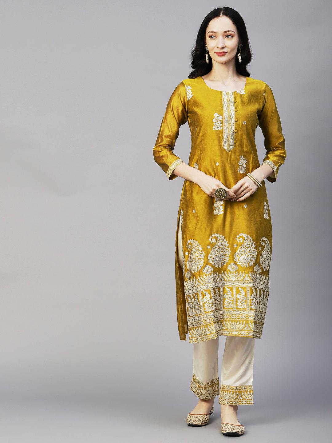 Floral Block & Foil Printed Kurta With Pants & Sequined Ombre Dupatta - Mustard - Indiakreations