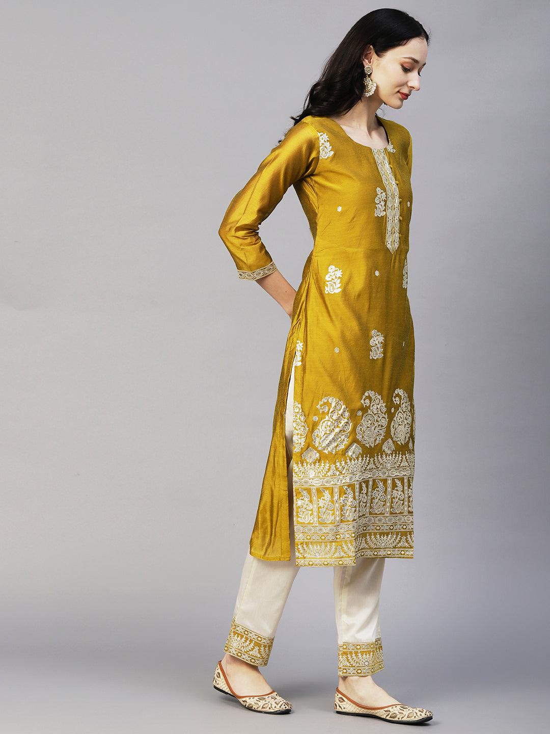 Floral Block & Foil Printed Kurta With Pants & Sequined Ombre Dupatta - Mustard - Indiakreations