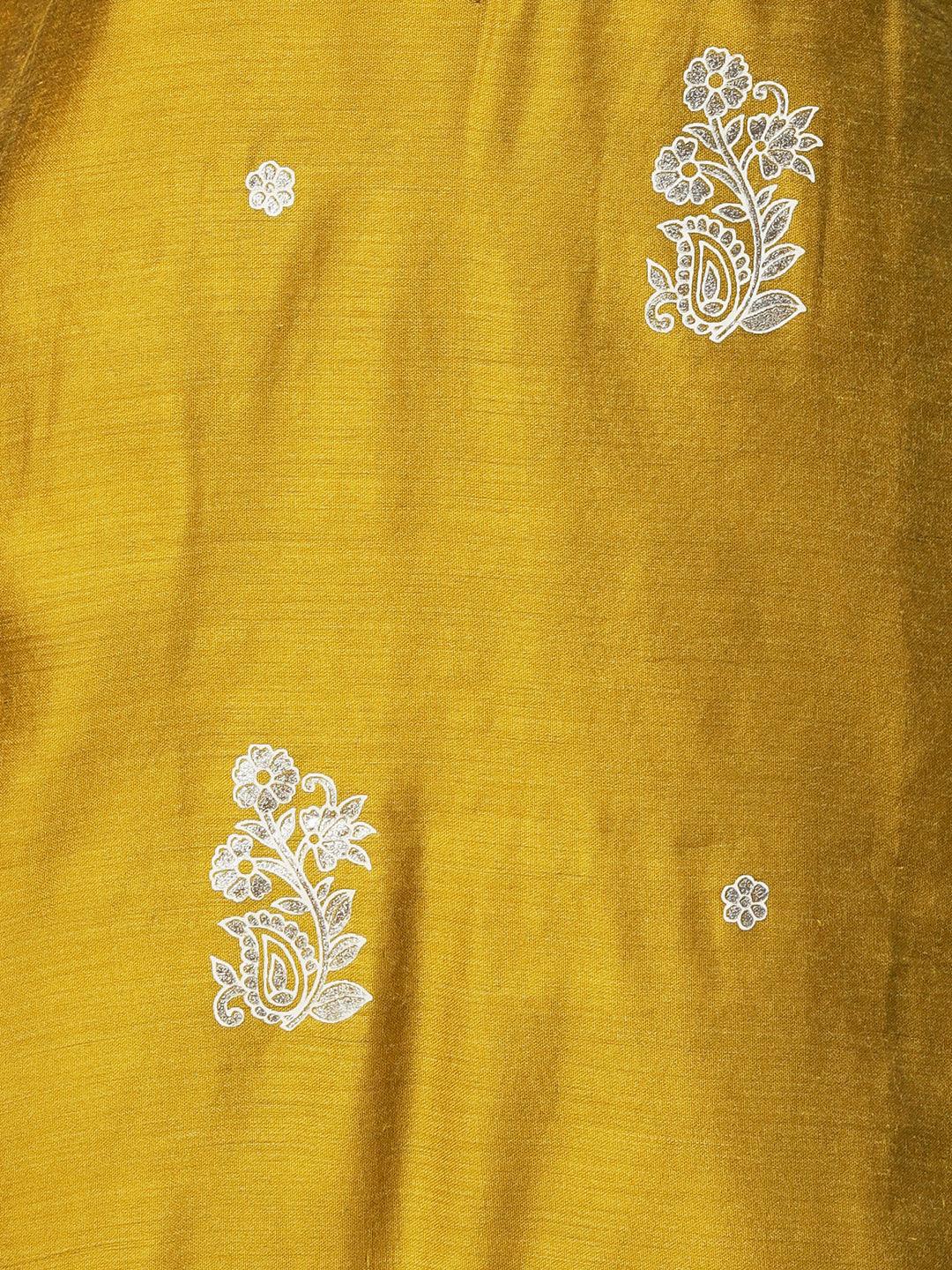 Floral Block & Foil Printed Kurta With Pants & Sequined Ombre Dupatta - Mustard - Indiakreations