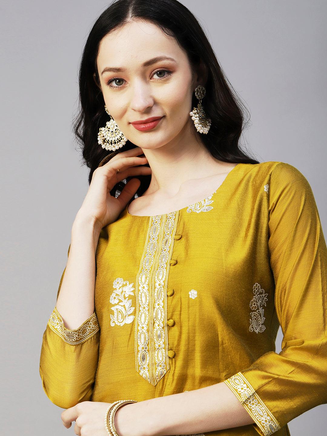 Floral Block & Foil Printed Kurta With Pants & Sequined Ombre Dupatta - Mustard - Indiakreations