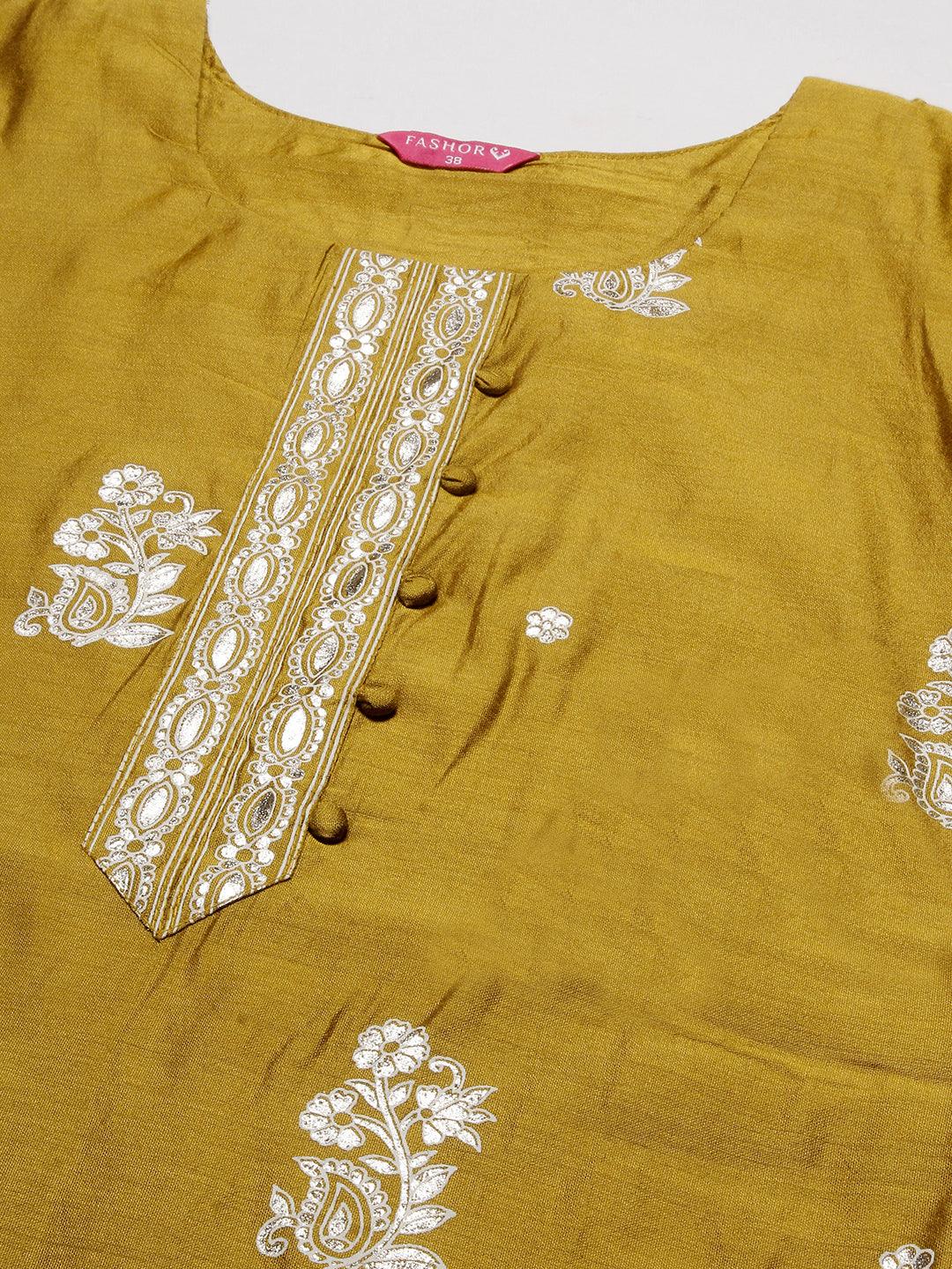 Floral Block & Foil Printed Kurta With Pants & Sequined Ombre Dupatta - Mustard - Indiakreations