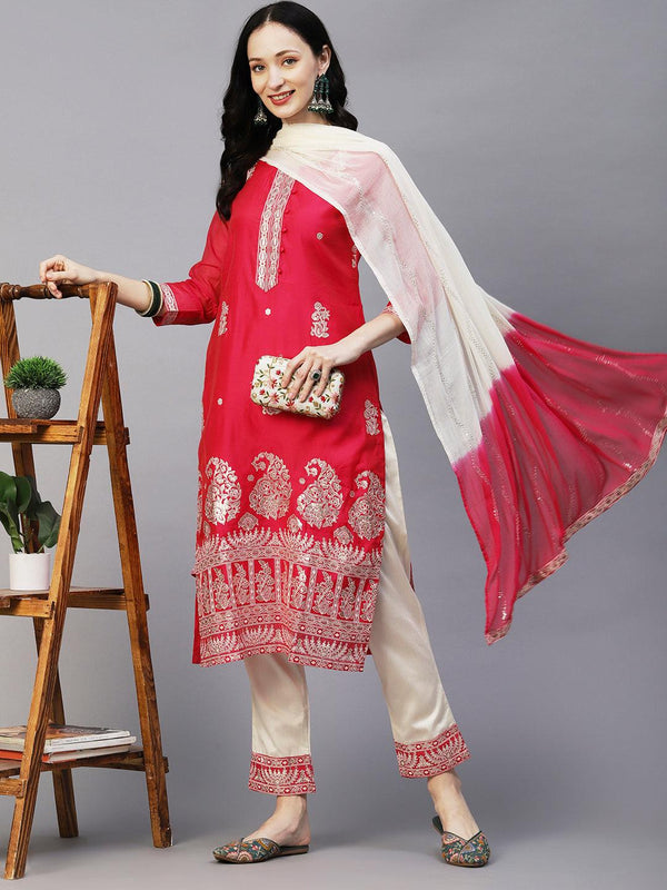 Floral Block & Foil Printed Kurta With Pants & Sequined Ombre Dupatta - Magenta - Indiakreations