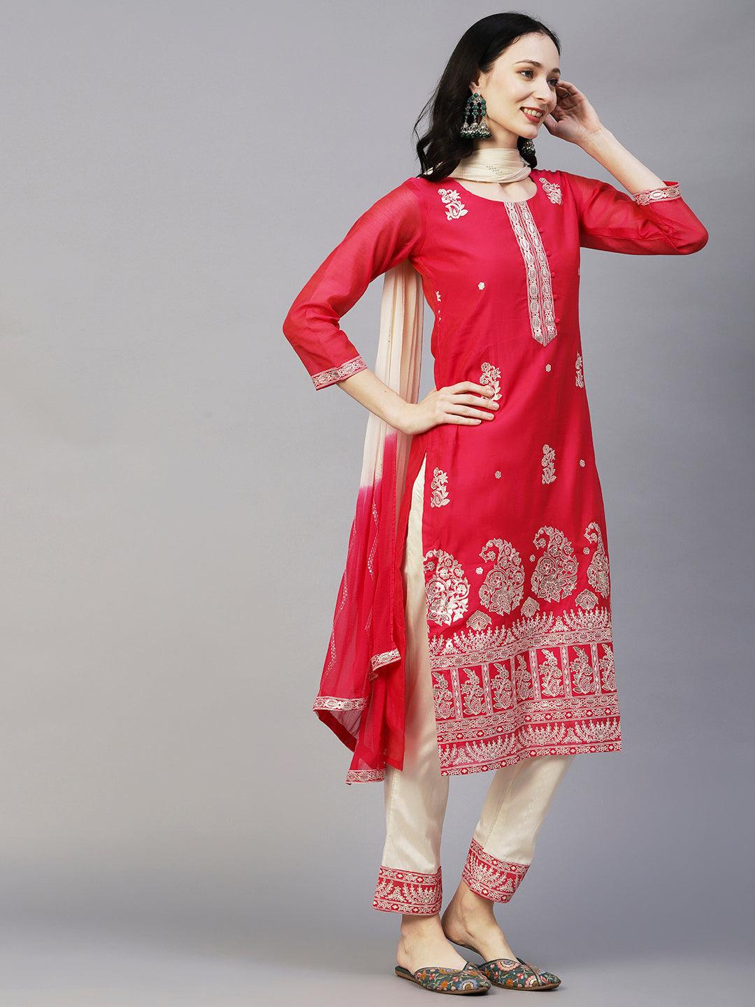 Floral Block & Foil Printed Kurta With Pants & Sequined Ombre Dupatta - Magenta - Indiakreations