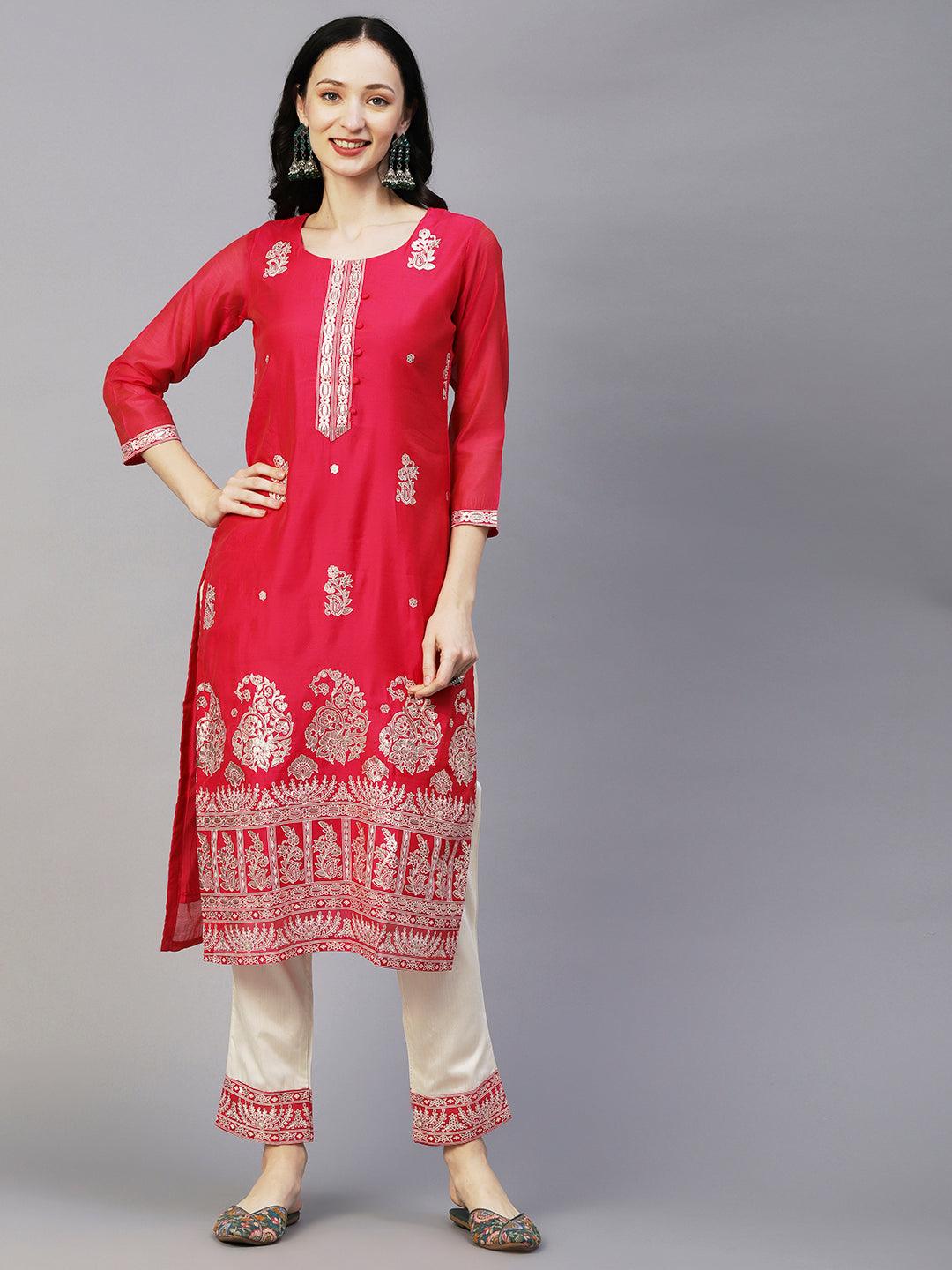 Floral Block & Foil Printed Kurta With Pants & Sequined Ombre Dupatta - Magenta - Indiakreations