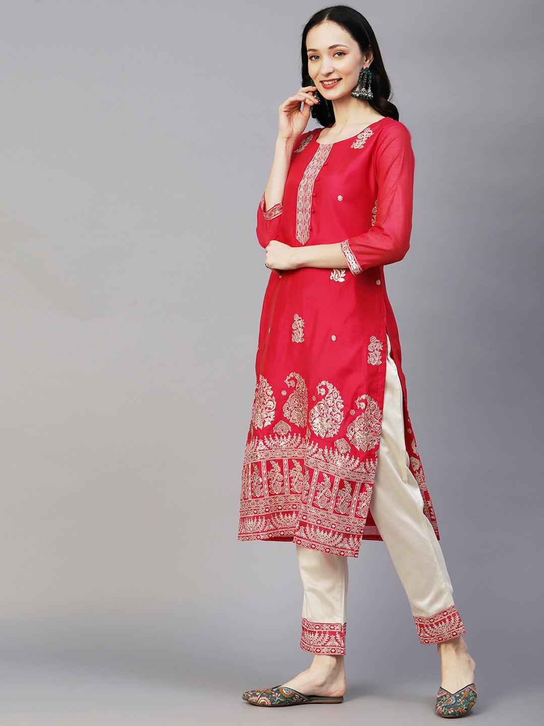 Floral Block & Foil Printed Kurta With Pants & Sequined Ombre Dupatta - Magenta - Indiakreations