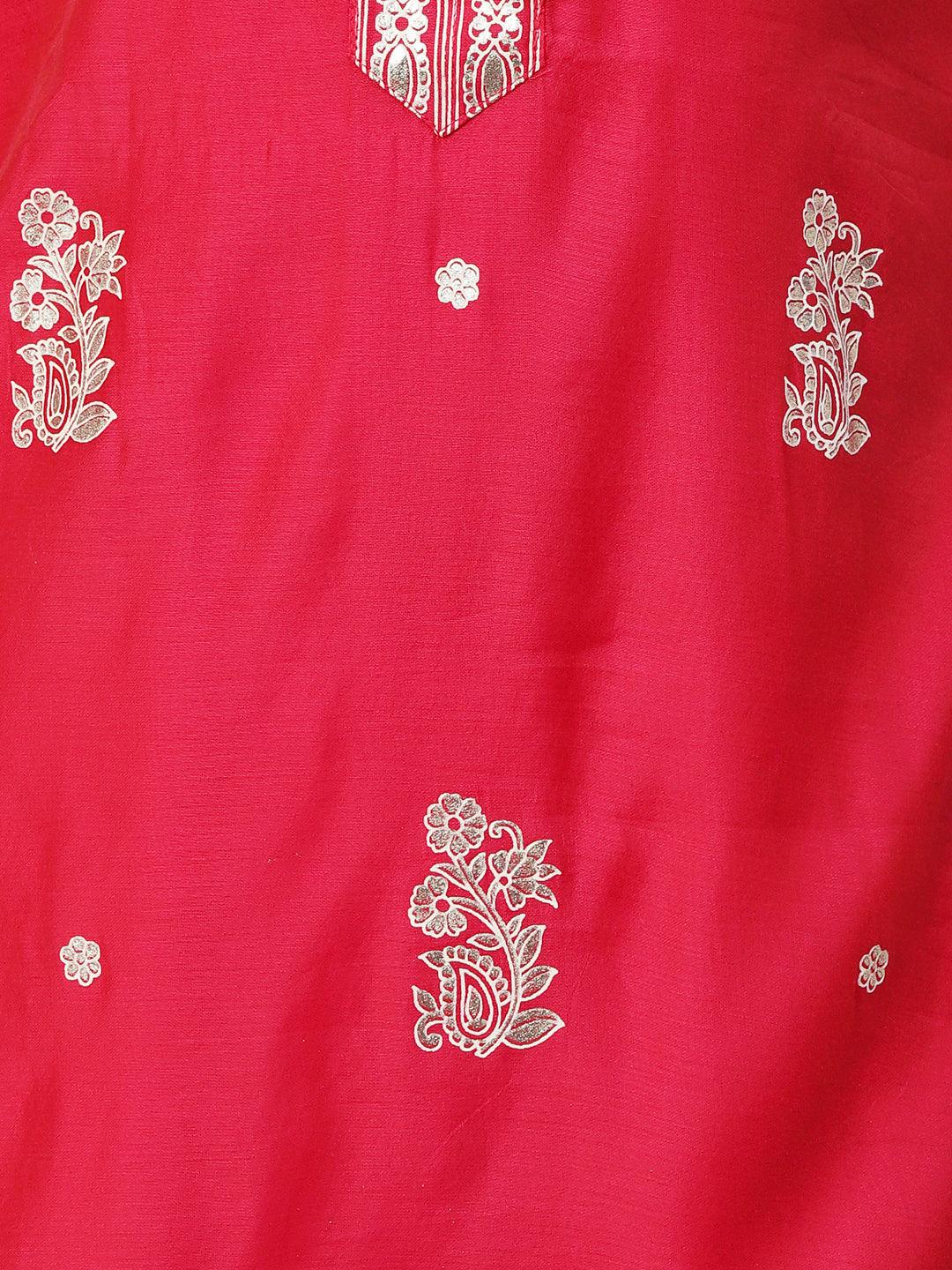 Floral Block & Foil Printed Kurta With Pants & Sequined Ombre Dupatta - Magenta - Indiakreations