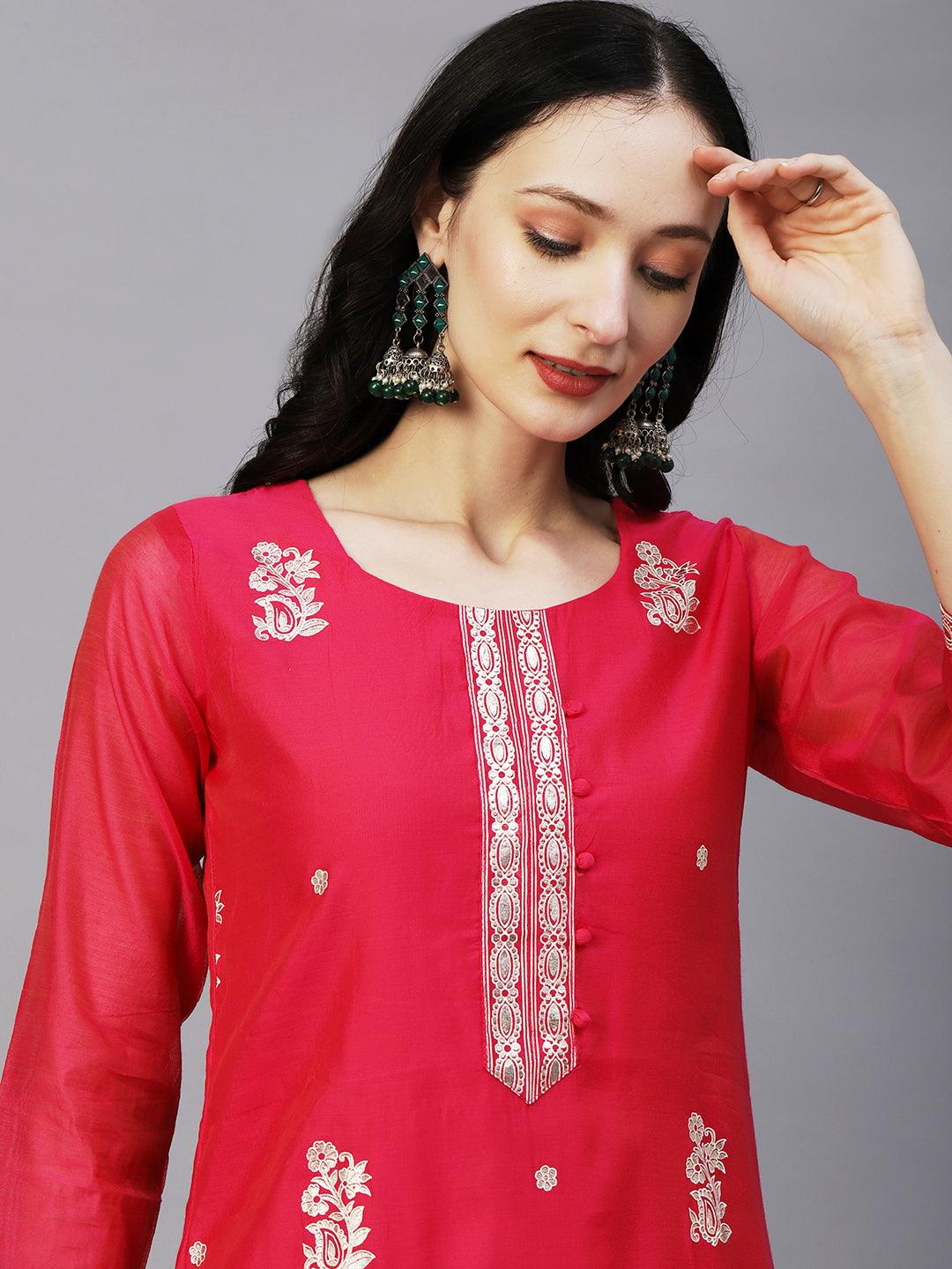 Floral Block & Foil Printed Kurta With Pants & Sequined Ombre Dupatta - Magenta - Indiakreations