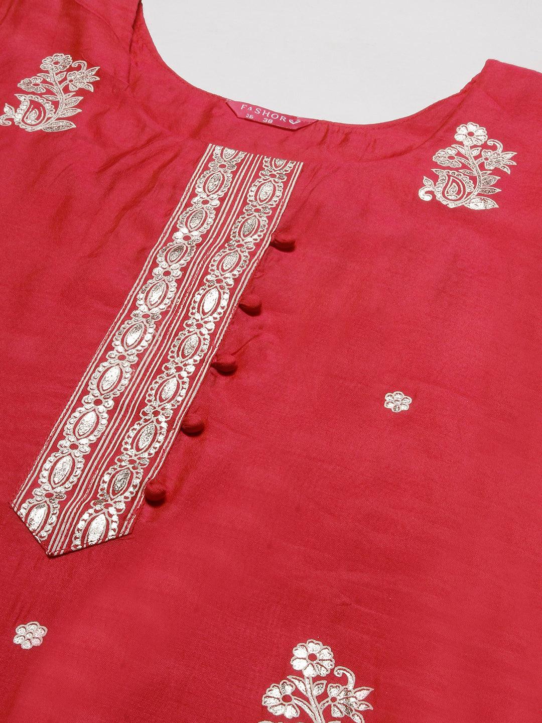 Floral Block & Foil Printed Kurta With Pants & Sequined Ombre Dupatta - Magenta - Indiakreations