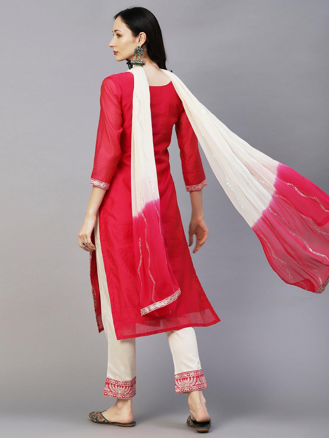 Floral Block & Foil Printed Kurta With Pants & Sequined Ombre Dupatta - Magenta - Indiakreations