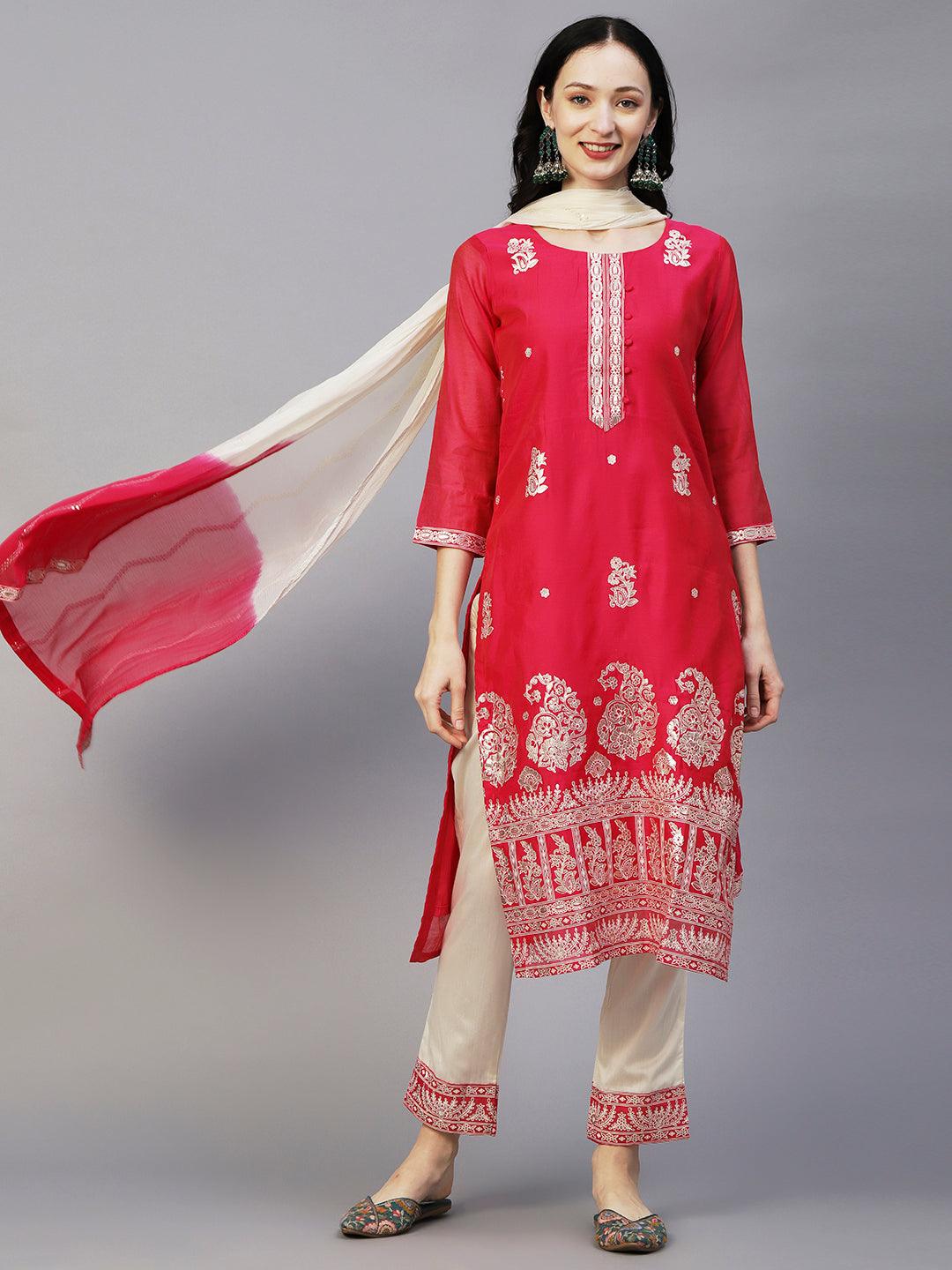 Floral Block & Foil Printed Kurta With Pants & Sequined Ombre Dupatta - Magenta - Indiakreations