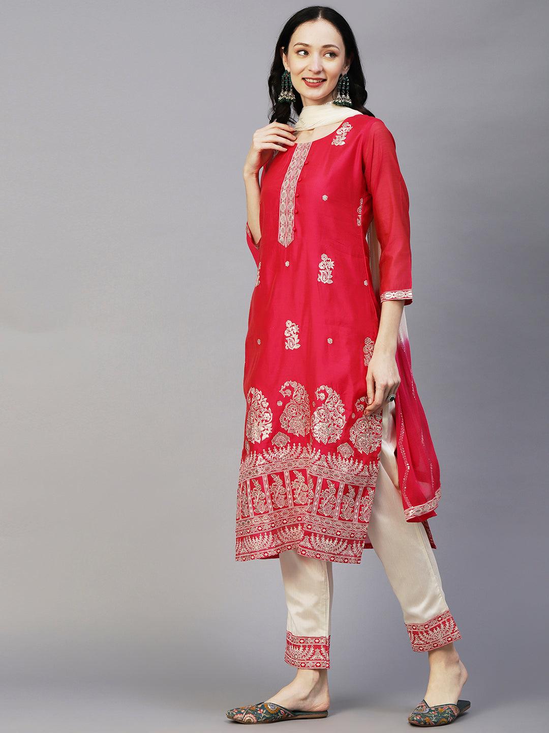 Floral Block & Foil Printed Kurta With Pants & Sequined Ombre Dupatta - Magenta - Indiakreations