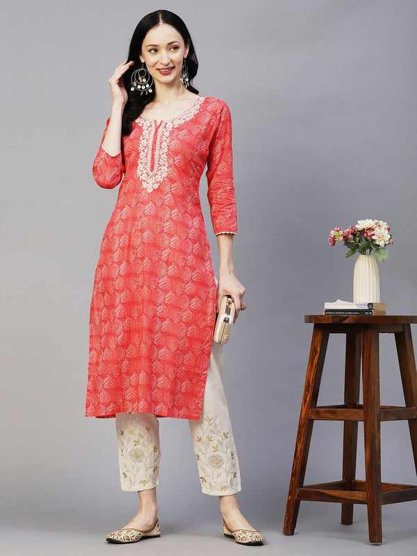 Abstract Printed Crochet Lace Ornamented & Resham Dori Embroidered Kurta - Coral - Indiakreations